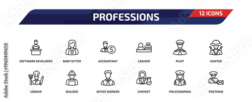 professions outline icon set. 12 linear vector for ui, web and mobile. thin line software developer, baby sitter, accountant and more icons.