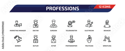 professions outline icon set. 12 linear vector for ui, web and mobile. thin line marketing manager, doctor, surgeon and more icons.