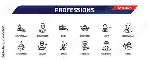 professions outline icon set. 12 linear vector for ui, web and mobile. thin line statistician, stewardess, guide and more icons.
