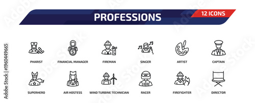 professions outline icon set. 12 linear vector for ui, web and mobile. thin line pharist, financial manager, fireman and more icons.