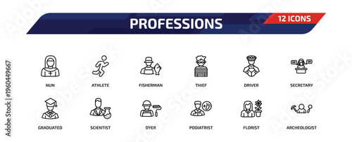 professions outline icon set. 12 linear vector for ui, web and mobile. thin line nun, athlete, fisherman and more icons.