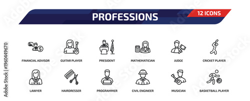 professions outline icon set. 12 linear vector for ui, web and mobile. thin line financial advisor, guitar player, president and more icons.