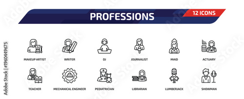 professions outline icon set. 12 linear vector for ui, web and mobile. thin line makeup artist, writer, dj and more icons.