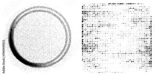 Vector halftone design using dot density gradients, circular and rectangular shapes, isolated graphic elements, stylized print effect, minimalist texture.
