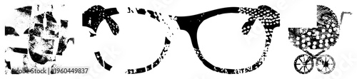 Retro eyewear and baby carriage vector, halftone texture, design, graphic elements, isolated foreground, stylized, classic.