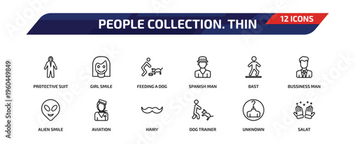 people collection. thin outline icon set. 12 linear vector for ui, web and mobile. thin line protective suit, girl smile, feeding a dog and more icons.