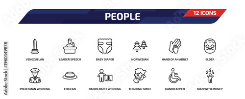 people outline icon set. 12 linear vector for ui, web and mobile. thin line venezuelan, leader speech, baby diaper and more icons.