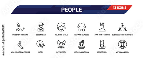 people outline icon set. 12 linear vector for ui, web and mobile. thin line sweeper working, colombian, relieved smile and more icons.