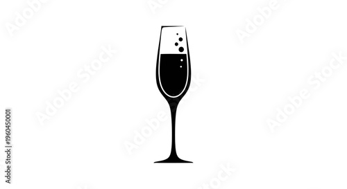 Champagne flute with bubbles, elegant celebration drink, black and white silhouette