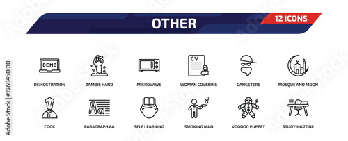 other outline icon set. 12 linear vector for ui, web and mobile. thin line demostration, zambie hand, microvawe and more icons.