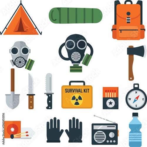 Set of Flat Vector Icons for Survival Gear Emergency Preparedness and Post Apocalyptic Adventure Equipment