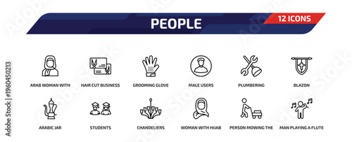 people outline icon set. 12 linear vector for ui, web and mobile. thin line arab woman with hijab, hair cut business card, grooming glove and more icons.