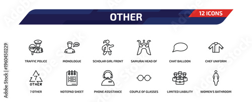 other outline icon set. 12 linear vector for ui, web and mobile. thin line traffic police, monologue, scholar girl front and more icons.