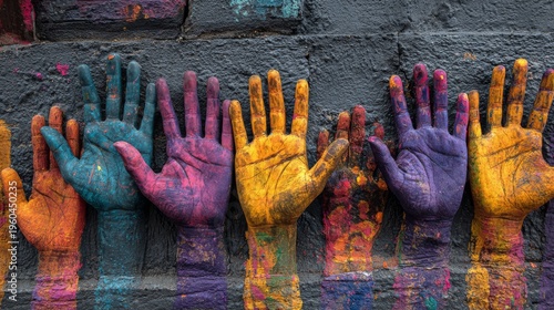 Brightly painted human hands in vibrant colors on wall, symbolizing diversity, inclusion, multicultural unity, creative expression, equality, community connection and social harmony
