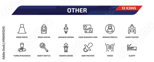 other outline icon set. 12 linear vector for ui, web and mobile. thin line bride dress, bride avatar, japanese demon and more icons.