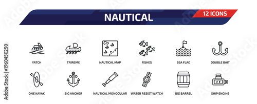 nautical outline icon set. 12 linear vector for ui, web and mobile. thin line yatch, trireme, nautical map and more icons.
