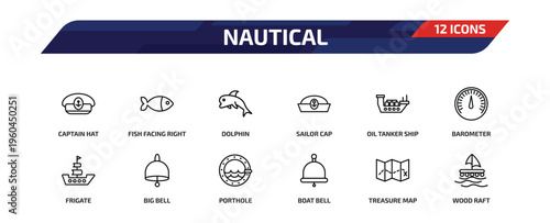 nautical outline icon set. 12 linear vector for ui, web and mobile. thin line captain hat, fish facing right, dolphin and more icons.