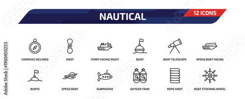 nautical outline icon set. 12 linear vector for ui, web and mobile. thin line compass inclined, knot, ferry facing right and more icons.