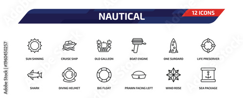 nautical outline icon set. 12 linear vector for ui, web and mobile. thin line sun shining, cruise ship, old galleon and more icons.