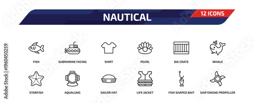 nautical outline icon set. 12 linear vector for ui, web and mobile. thin line fish, submarine facing right, shirt and more icons.