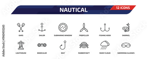nautical outline icon set. 12 linear vector for ui, web and mobile. thin line oars, sailor, submarine window and more icons.
