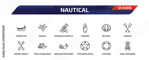nautical outline icon set. 12 linear vector for ui, web and mobile. thin line tanker ship, seagull, message in a bottle and more icons.