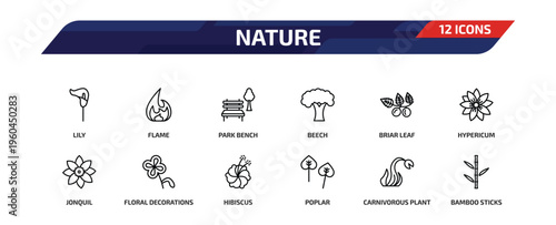 nature outline icon set. 12 linear vector for ui, web and mobile. thin line lily, flame, park bench and more icons.