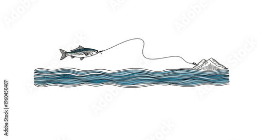 A serene minimalist illustration depicting a fish caught on a line connected to a distant island