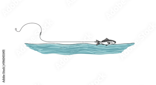 Minimalist line art illustration capturing a fish being caught on a hook over blue wavy water