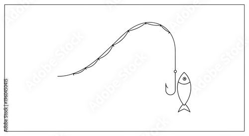 Minimalist Outline Drawing of a Fish Caught on a Fishing Hook and Line Illustration