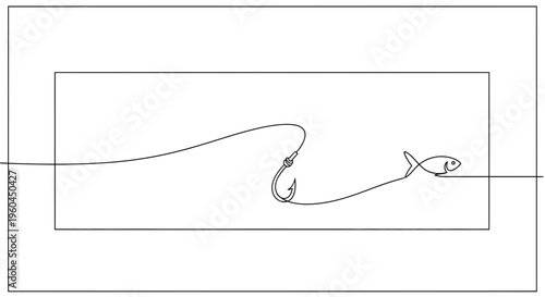 Elegant continuous line art depicting a fish approaching a fishing hook, symbolizing temptation