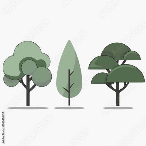 A set of three stylized tree illustrations in a clean, flat vector style. Featuring different shapes including rounded, pointed, and layered canopies in muted green tones. Perfect for landscape design