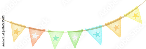 Hand drawn watercolor style bunting garland illustration with star decoration in soft pastel colors. Perfect for party, celebration, birthday, and decorative design elements.