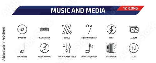 music and media outline icon set. 12 linear vector for ui, web and mobile. thin line dvd disc, harmonica, simile and more icons.