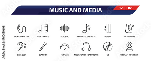 music and media outline icon set. 12 linear vector for ui, web and mobile. thin line jack connector, eighth note, acoustic and more icons.