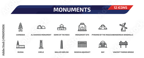 monuments outline icon set. 12 linear vector for ui, web and mobile. thin line cambodia, al shaheed monument, dome of the rock and more icons.