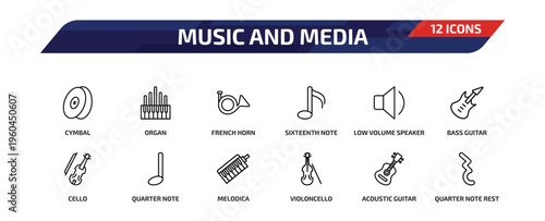 music and media outline icon set. 12 linear vector for ui, web and mobile. thin line cymbal, organ, french horn and more icons.