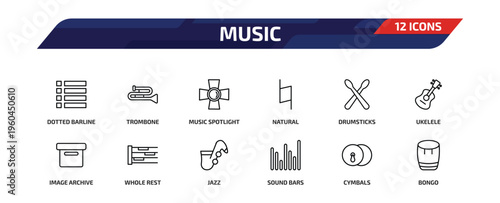music outline icon set. 12 linear vector for ui, web and mobile. thin line dotted barline, trombone, music spotlight and more icons.