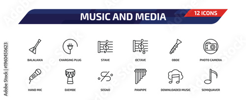 music and media outline icon set. 12 linear vector for ui, web and mobile. thin line balalaika, charging plug, stave and more icons.