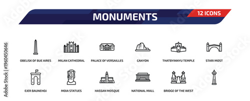 monuments outline icon set. 12 linear vector for ui, web and mobile. thin line obelisk of bue aires, milan cathedral, palace of versailles and more icons.