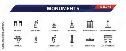 monuments outline icon set. 12 linear vector for ui, web and mobile. thin line medieval, tower of pisa, cathedral and more icons.