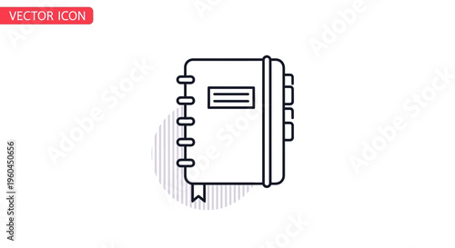 Minimalist black outline vector graphic of a spiral notebook or planner with tabs and bookmark