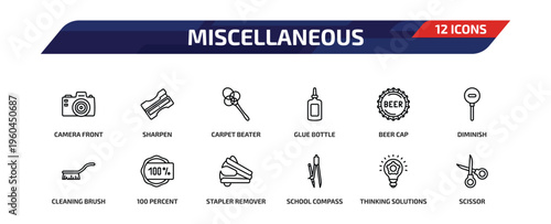 miscellaneous outline icon set. 12 linear vector for ui, web and mobile. thin line camera front, sharpen, carpet beater and more icons.
