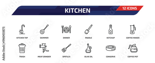 kitchen outline icon set. 12 linear vector for ui, web and mobile. thin line kitchen tap, skimmer, dinner and more icons.