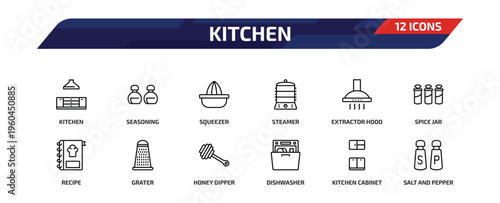 kitchen outline icon set. 12 linear vector for ui, web and mobile. thin line kitchen, seasoning, squeezer and more icons.