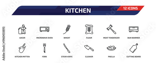 kitchen outline icon set. 12 linear vector for ui, web and mobile. thin line juicer, microwave oven, wheat and more icons.