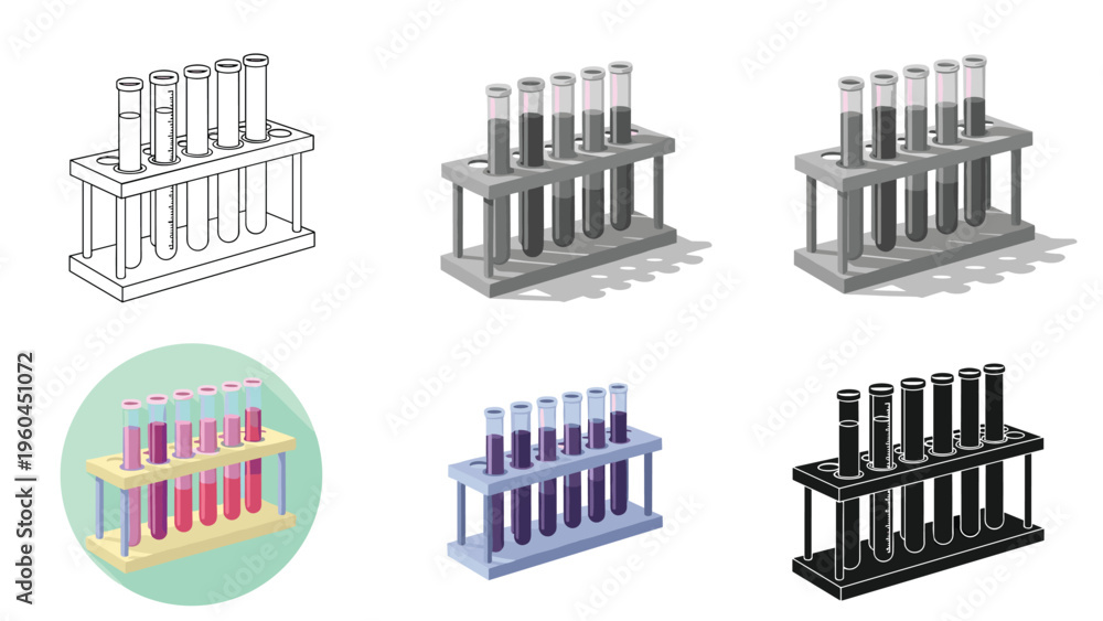 Fototapeta premium Laboratory glassware collection features test tubes in a rack shown in various styles such as line art, grayscale, and flat color.