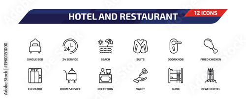 hotel and restaurant outline icon set. 12 linear vector for ui, web and mobile. thin line single bed, 24 service, beach and more icons.