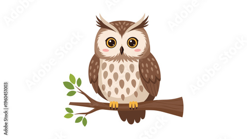Adorable cartoon owl with large golden eyes and detailed brown feathers perches peacefully on a small green leafy branch.