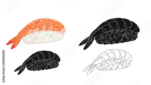Four different artistic styles of shrimp nigiri sushi include realistic color, bold black silhouette, grayscale, and delicate line art.